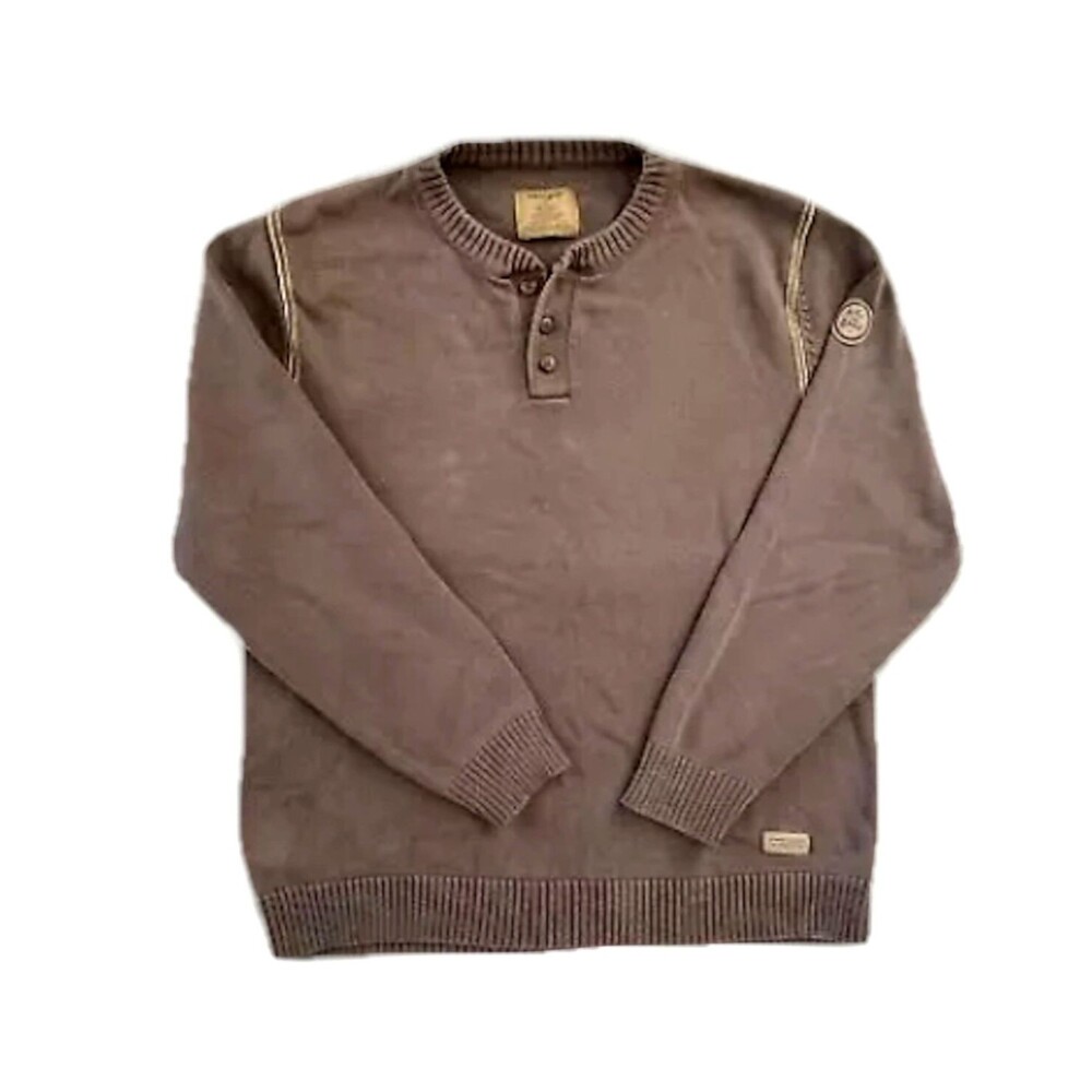 Life Is Good Brown Tight Knit Henley Cotton Pullover Sweater Mens Large Gorpcore